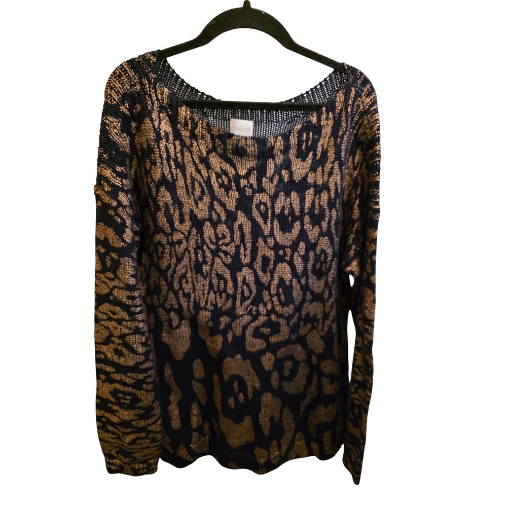Chico's Animal Print Sweater Women Size 1 Gold Black Knit Pullover